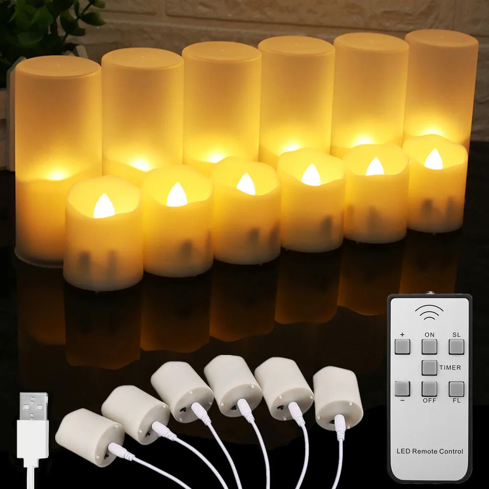 Rechargeable LED Candles with USB Timer Remote & Flickering Flames