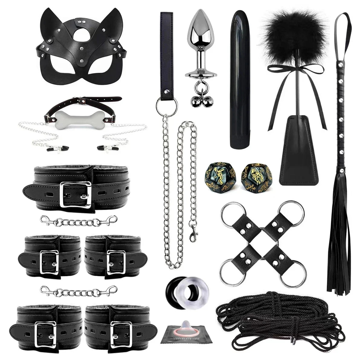 Genuine Leather Bondage Set Fetish Handcuffs Collar Gag Whip Erotic Sex Toys For Women