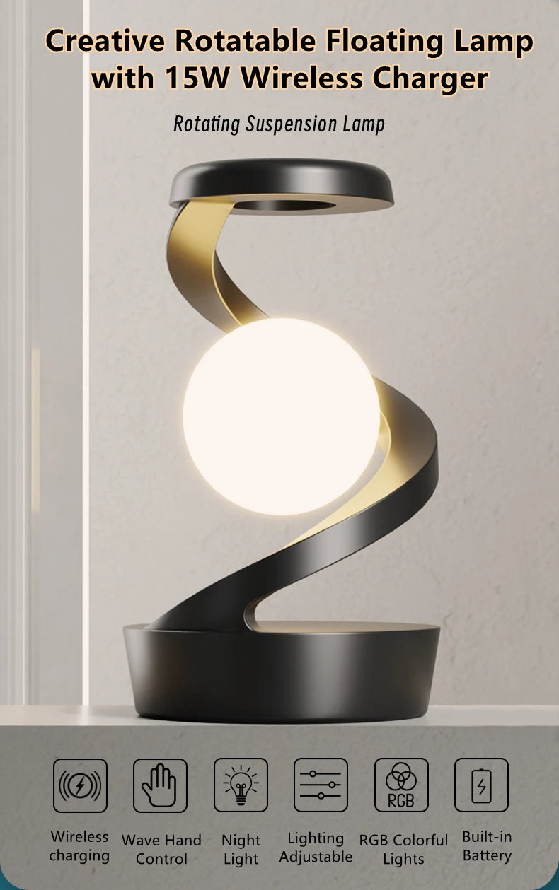 Rotating Color Changing Floating Table lamp, with 15W Mobile Phone Wireless Charger