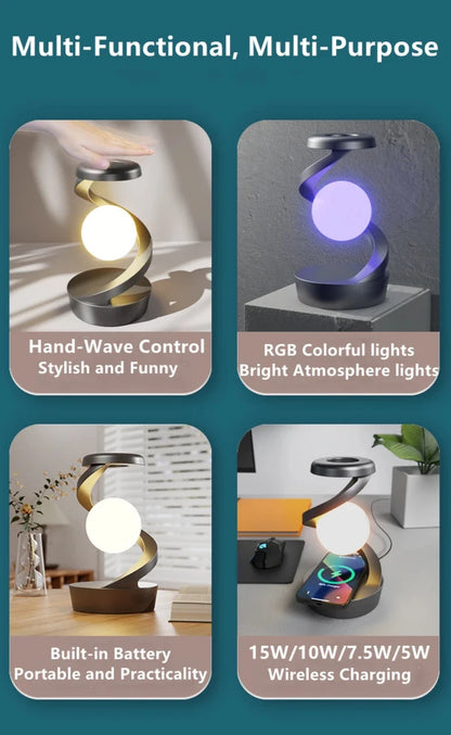 Rotating Color Changing Floating Table lamp, with 15W Mobile Phone Wireless Charger