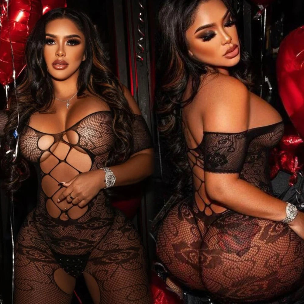 Hot Black Sexy Lingerie Crotchless Transparent Fishnet Bodystockings