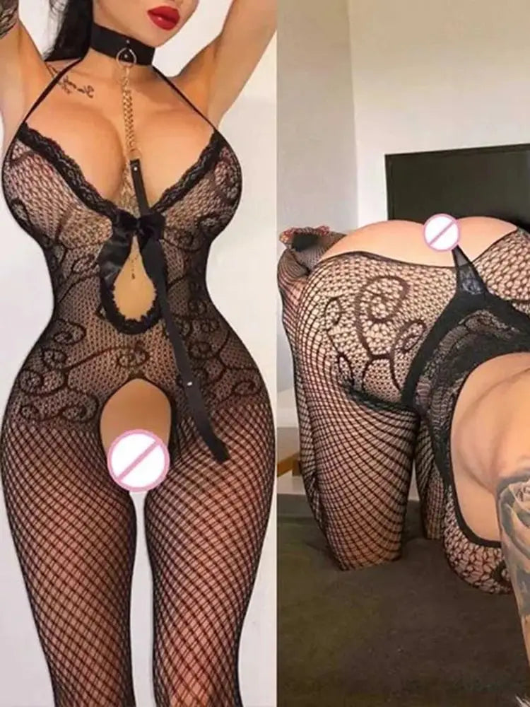 Hot Black Sexy Lingerie Crotchless Transparent Fishnet Bodystockings
