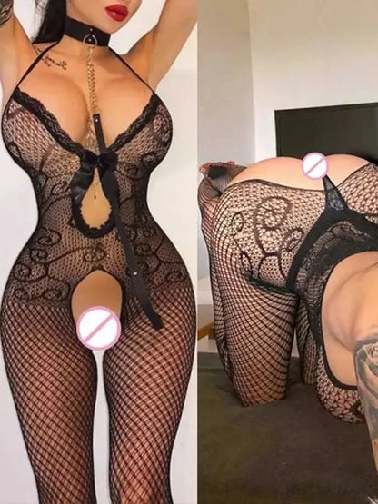 Hot Black Sexy Lingerie Crotchless Transparent Fishnet Bodystockings
