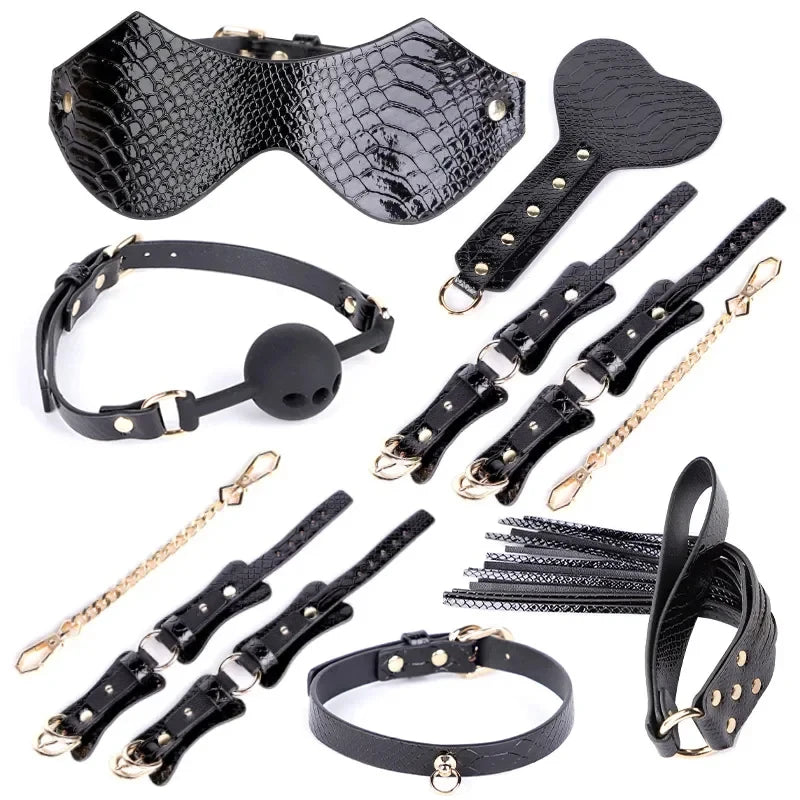 Genuine Leather Bondage Set Fetish Handcuffs Collar Gag Whip Erotic Sex Toys For Women