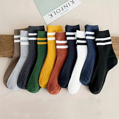 5 Pairs Of Men's Socks, Autumn And Winter Vintage Athletic Style