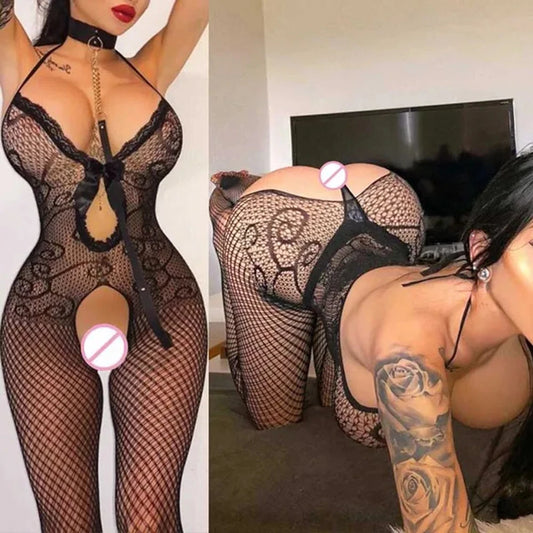 Hot Black Sexy Lingerie Crotchless Transparent Fishnet Bodystockings