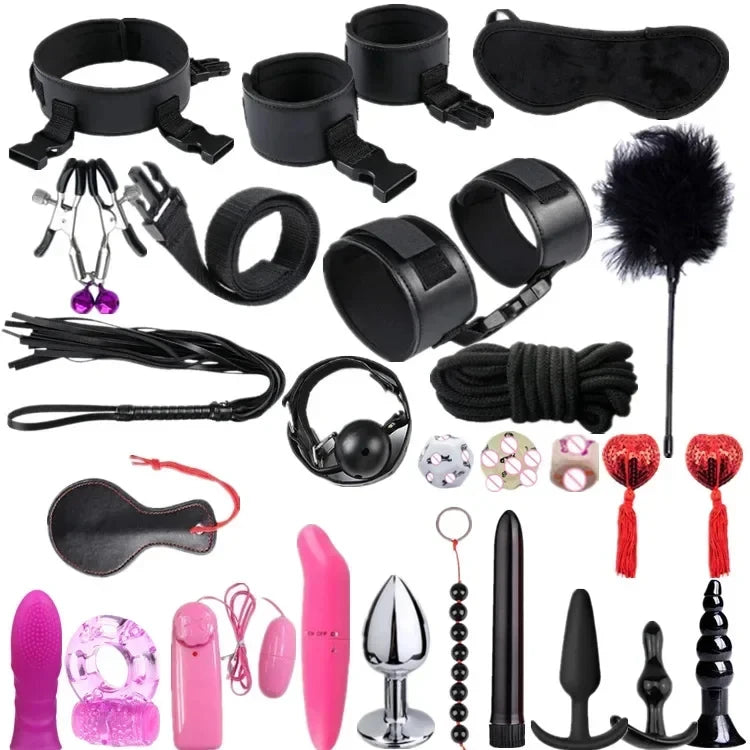 Genuine Leather Bondage Set Fetish Handcuffs Collar Gag Whip Erotic Sex Toys For Women