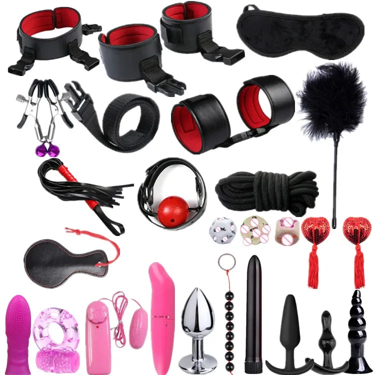 Genuine Leather Bondage Set Fetish Handcuffs Collar Gag Whip Erotic Sex Toys For Women