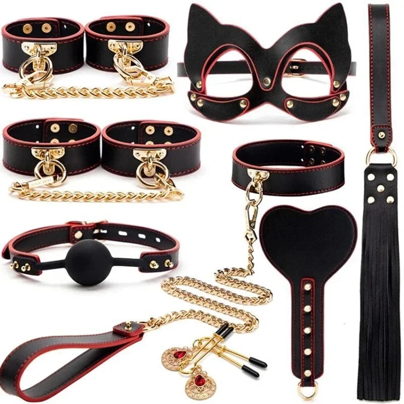 Genuine Leather Bondage Set Fetish Handcuffs Collar Gag Whip Erotic Sex Toys For Women