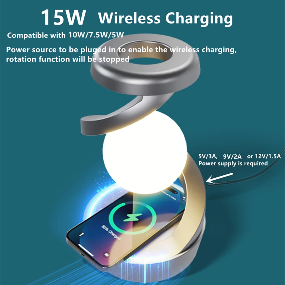 Rotating Color Changing Floating Table lamp, with 15W Mobile Phone Wireless Charger