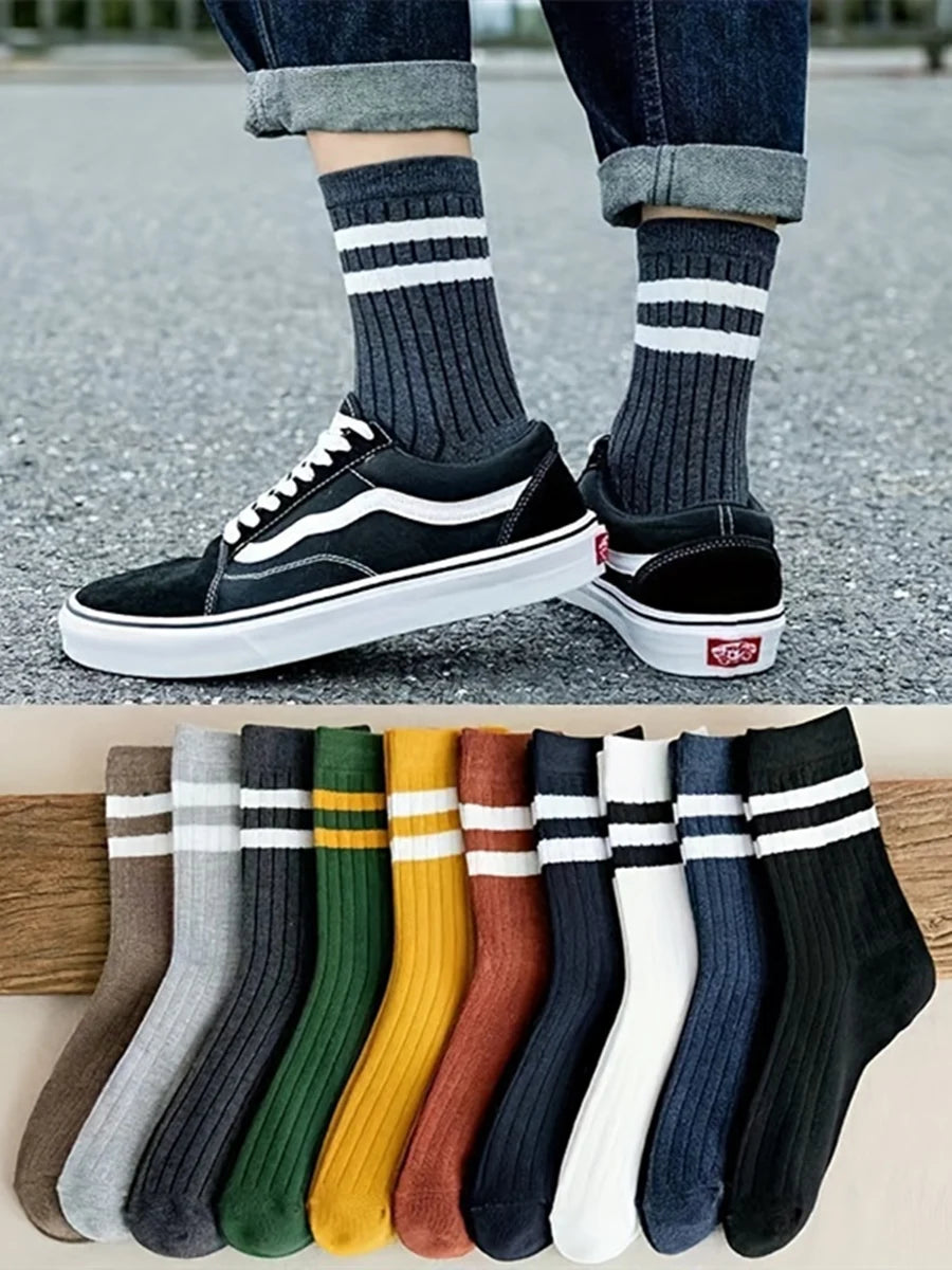 5 Pairs Of Men's Socks, Autumn And Winter Vintage Athletic Style