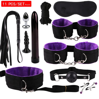 Genuine Leather Bondage Set Fetish Handcuffs Collar Gag Whip Erotic Sex Toys For Women