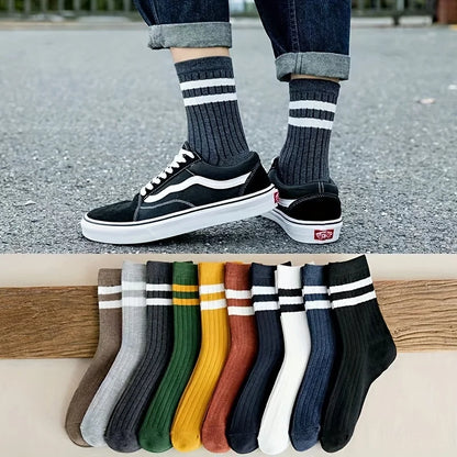 5 Pairs Of Men's Socks, Autumn And Winter Vintage Athletic Style